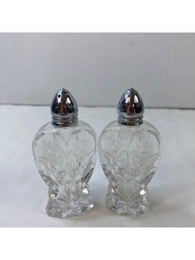 Cut Crystal Salt Pepper Shakers Textured Design Perforated Metal Tops Vintage